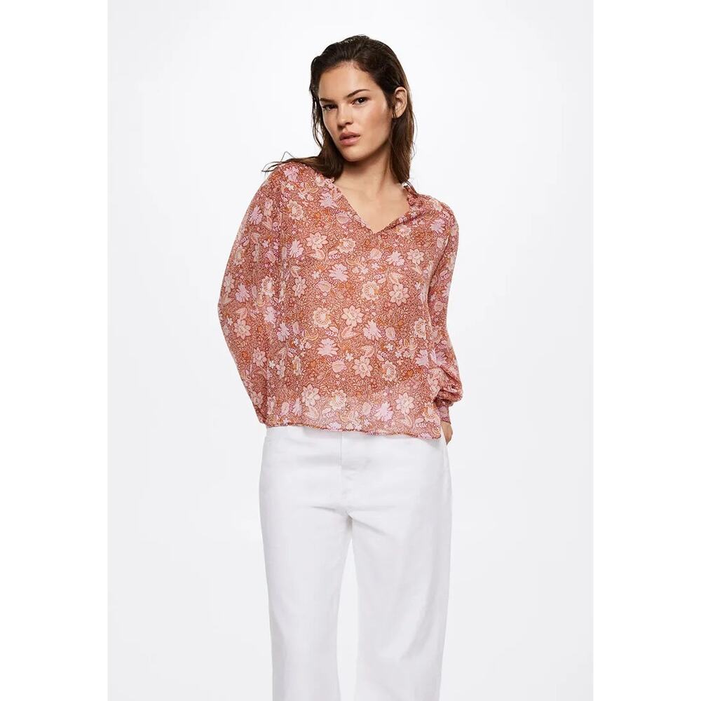Mango Terracotta Floral Semi Sheer Peasant Top Size 2 Long Sleeve Boho Cottage